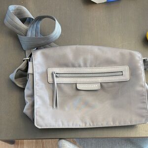 Longchamp Light Gray Nylon Messenger Bag with Front Zip